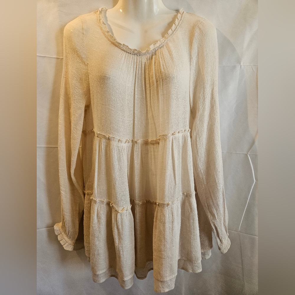 Entro Cream Tiered Babydoll Tunic Top Ruffle Neck Long Sleeve Size S